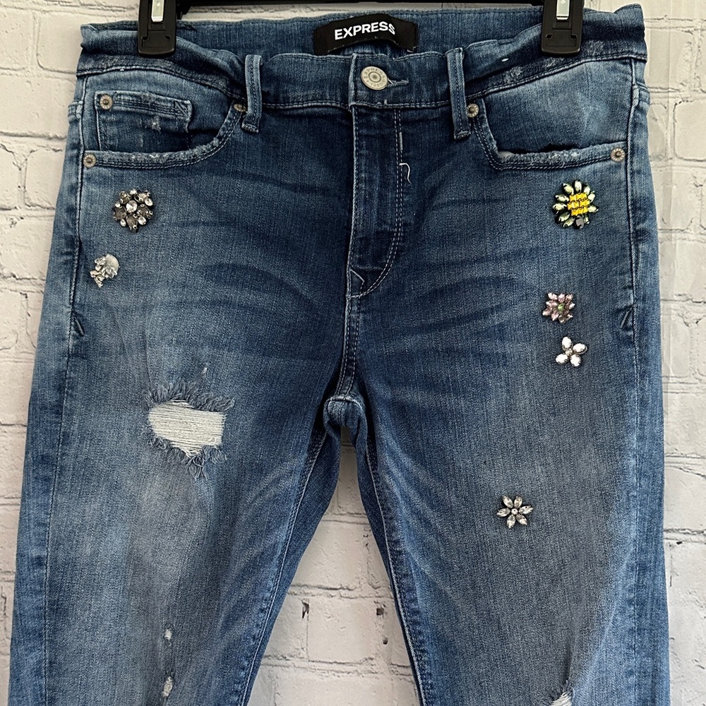 Express Women's Blue Distressed Jeweled Skinny Jeans - Picture 3 of 10